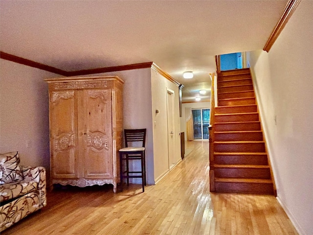 2813 W 30th St, Brooklyn, NY 11224 - stairway with crown molding, wood-type flooring, and baseboards