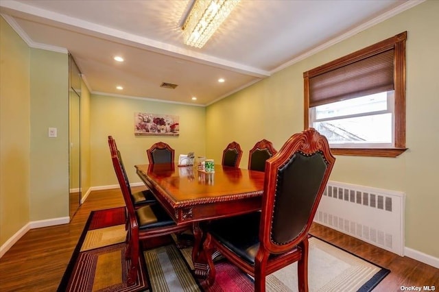 252-14 82nd Rd, Bellerose, NY 11426 - dining area with radiator, wood finished floors, recessed lighting, ornamental molding, and baseboards