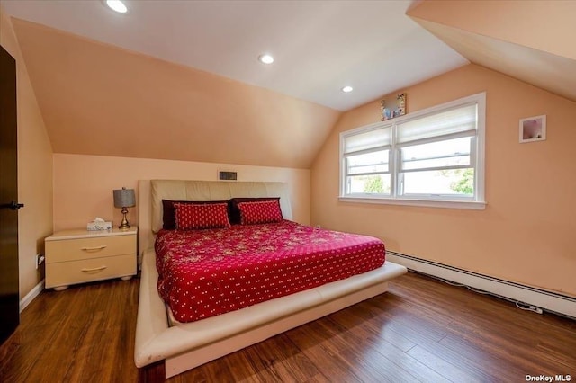 252-14 82nd Rd, Bellerose, NY 11426 - bedroom with vaulted ceiling, wood finished floors, recessed lighting, and baseboard heating