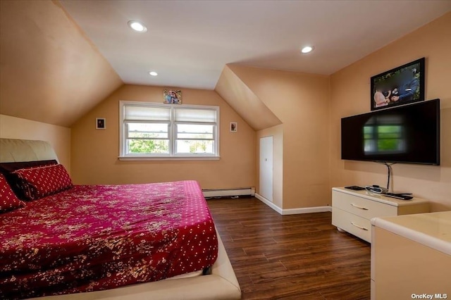 252-14 82nd Rd, Bellerose, NY 11426 - bedroom featuring a baseboard heating unit, dark wood-style floors, vaulted ceiling, recessed lighting, and baseboards