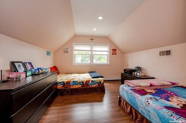 252-14 82nd Rd, Bellerose, NY 11426 - bedroom featuring wood finished floors, a baseboard radiator, vaulted ceiling, and recessed lighting