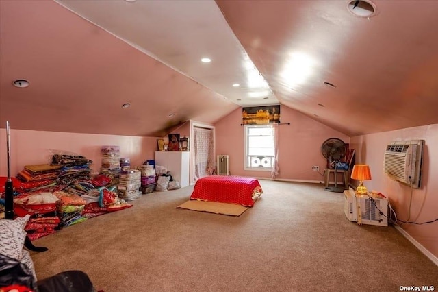 252-14 82nd Rd, Bellerose, NY 11426 - carpeted bedroom with a wall mounted air conditioner, lofted ceiling, radiator heating unit, and baseboards