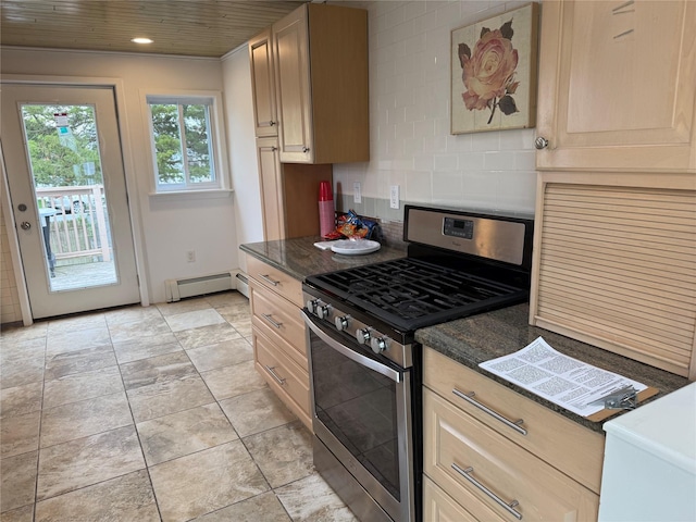 812 Beach St, Lindenhurst, NY 11757 - kitchen featuring stainless steel gas range oven, baseboard heating, backsplash, and recessed lighting