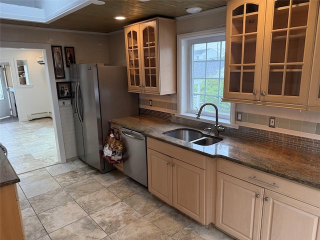 812 Beach St, Lindenhurst, NY 11757 - kitchen featuring a sink, a baseboard heating unit, appliances with stainless steel finishes, glass insert cabinets, and dark stone countertops