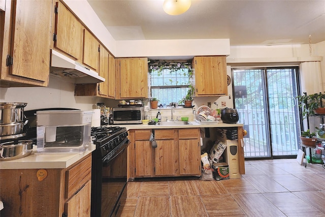 120-16 Cove Ct Unit 87A, College Point, NY 11356 - kitchen featuring under cabinet range hood, black gas stove, a sink, stainless steel microwave, and light countertops