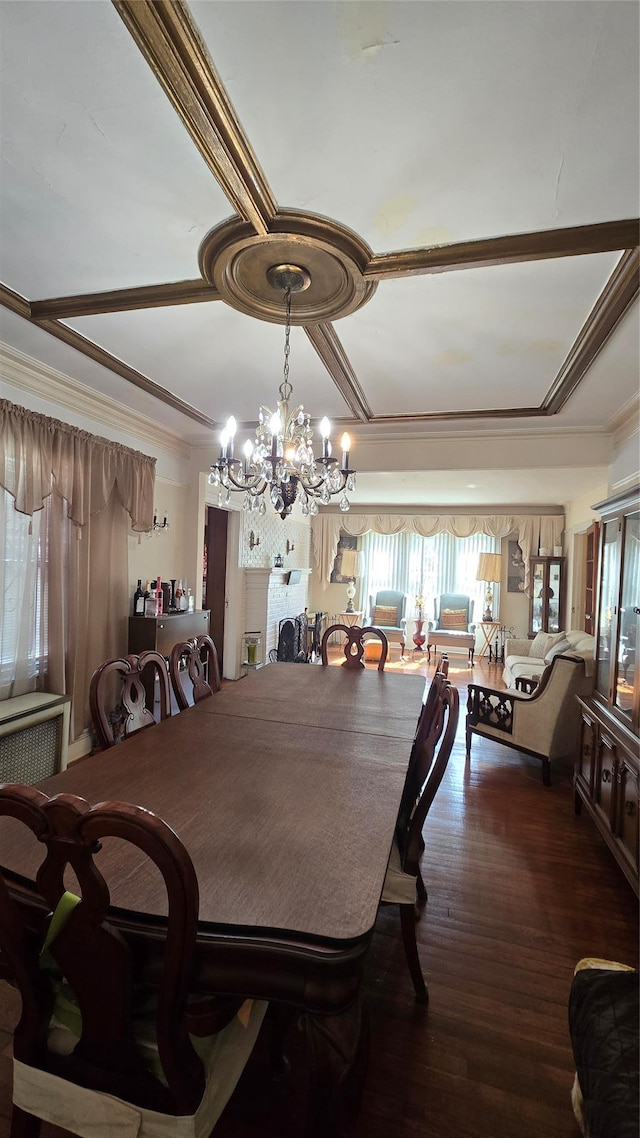 11419 179th St, Addisleigh Park, NY 11434 - dining space featuring a chandelier, wood finished floors, ornamental molding, and coffered ceiling