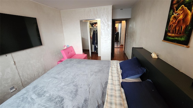 bedroom with wood finished floors, a spacious closet, and a closet