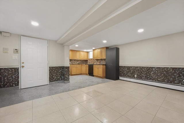 1465 Mayflower Ave, Bronx, NY 10461 - kitchen featuring black dishwasher, recessed lighting, a wainscoted wall, a baseboard heating unit, and decorative backsplash