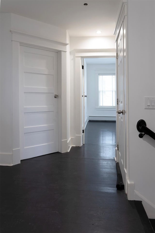 17 Washington Ave, Millbrook, NY 12545 - hall featuring baseboards, dark wood-type flooring, a baseboard radiator, and recessed lighting