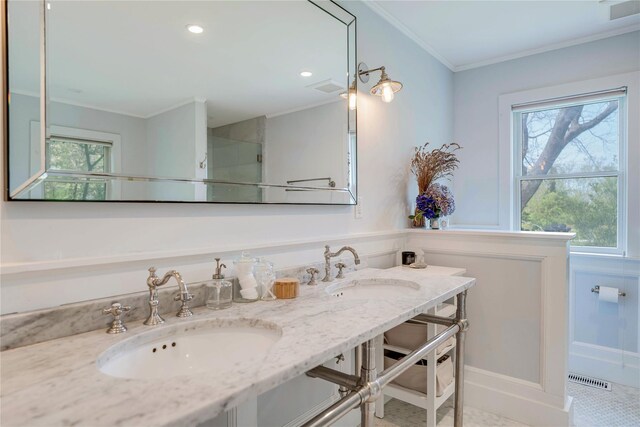 6 Beech Hollow Ct, Montauk, NY 11954 - full bath featuring ornamental molding, double vanity, a shower, and recessed lighting