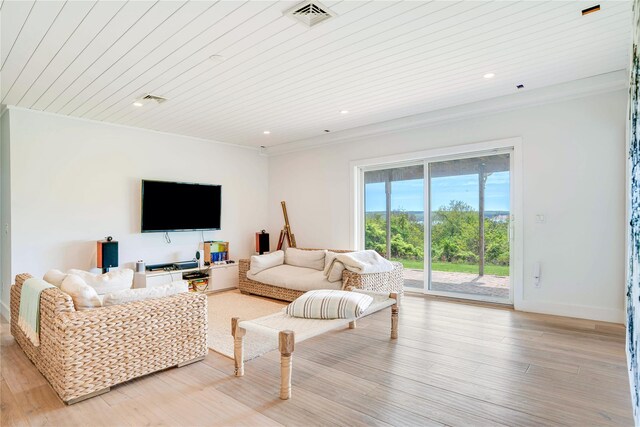6 Beech Hollow Ct, Montauk, NY 11954 - living room featuring ornamental molding, light wood-style floors, baseboards, recessed lighting, and wooden ceiling