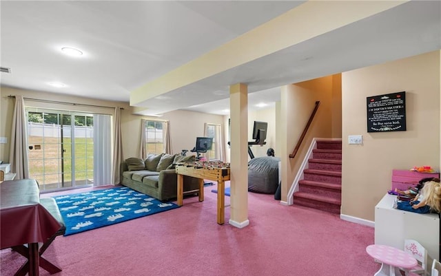 5 Case Ct, Monroe, NY 10950 - carpeted living area with stairway and baseboards
