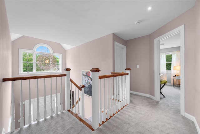 5 Gabriels Dr, Chester, NY 10918 - corridor with healthy amount of natural light, carpet flooring, an upstairs landing, baseboards, and vaulted ceiling