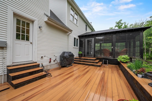 5 Gabriels Dr, Chester, NY 10918 - wooden terrace with entry steps, a sunroom, and a grill