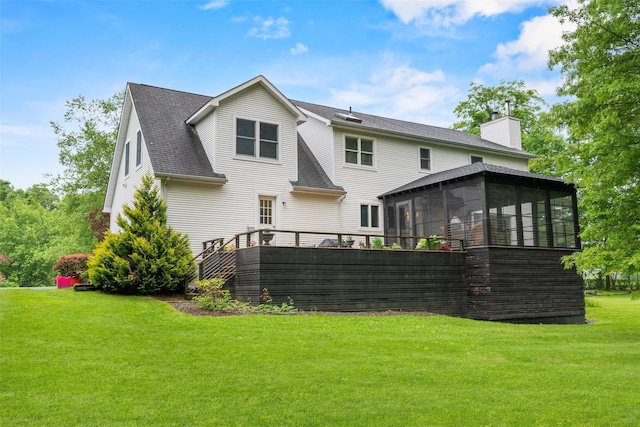 5 Gabriels Dr, Chester, NY 10918 - rear view of property with a sunroom, a chimney, a yard, and a shingled roof