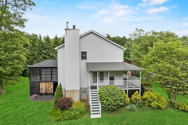 5 Gabriels Dr, Chester, NY 10918 - back of house with a lawn, a chimney, stairway, and a shingled roof