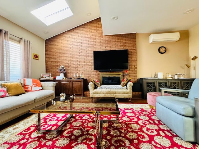 9 Hill And Tree Ct, Melville, NY 11747 - living area featuring a wall mounted air conditioner, lofted ceiling, a skylight, and brick wall
