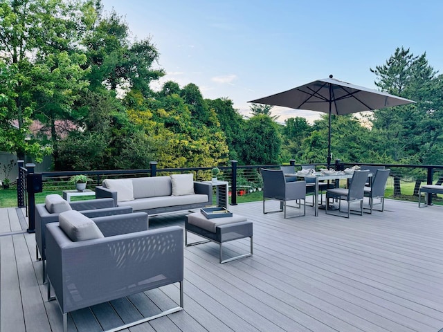 9 Hill And Tree Ct, Melville, NY 11747 - wooden deck with an outdoor hangout area and outdoor dining space
