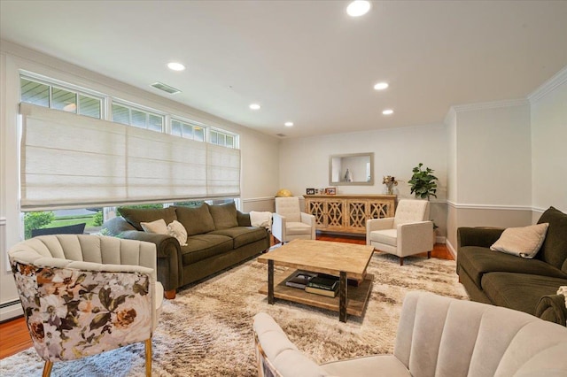 525 Green Pl, Woodmere, NY 11598 - living room with crown molding, wood finished floors, and recessed lighting