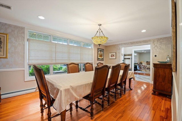 525 Green Pl, Woodmere, NY 11598 - dining room with light wood-style floors, wallpapered walls, baseboard heating, ornamental molding, and recessed lighting
