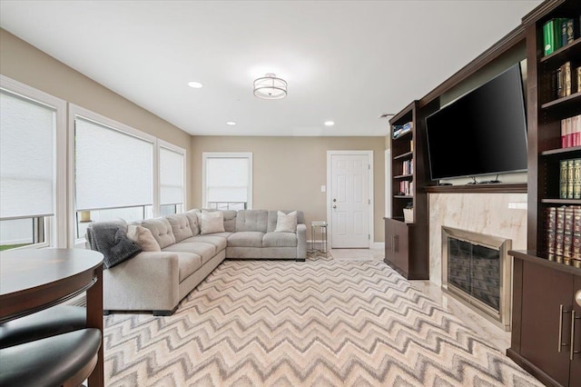525 Green Pl, Woodmere, NY 11598 - living area featuring a fireplace, recessed lighting, baseboards, and light carpet