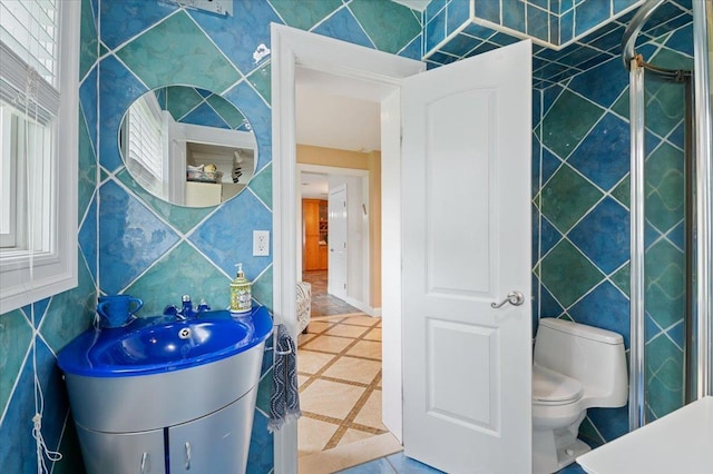525 Green Pl, Woodmere, NY 11598 - bathroom with vanity, a shower, toilet, and tile patterned flooring
