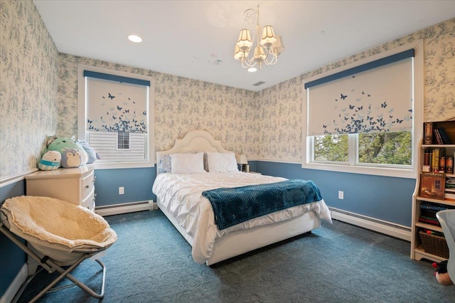 525 Green Pl, Woodmere, NY 11598 - bedroom featuring wallpapered walls, a baseboard radiator, baseboard heating, carpet floors, and a chandelier