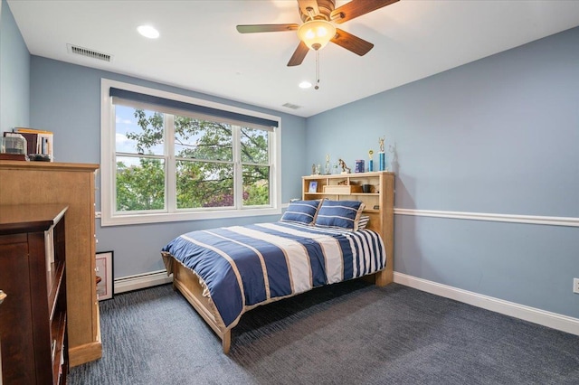 525 Green Pl, Woodmere, NY 11598 - bedroom with a baseboard heating unit, carpet, baseboards, a ceiling fan, and recessed lighting
