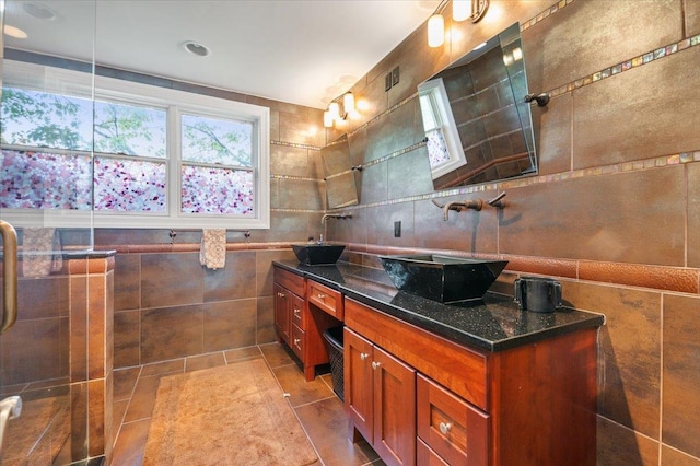 525 Green Pl, Woodmere, NY 11598 - bathroom featuring tile walls, tile patterned flooring, and double vanity