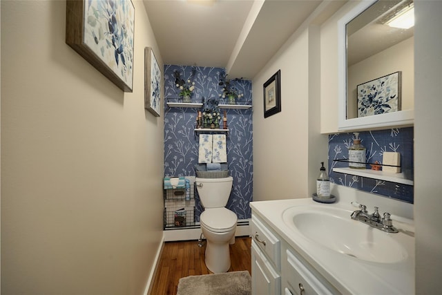 3 Rock Pl, Stanfordville, NY 12581 - bathroom featuring wood finished floors, toilet, baseboards, vanity, and baseboard heating