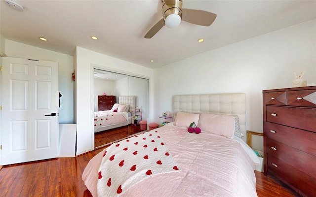 395 Toleman Rd, Washingtonville, NY 12575 - bedroom with a closet, dark wood finished floors, recessed lighting, and a ceiling fan