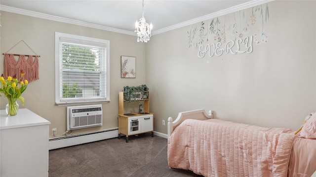 109 Doxbury Ln, Suffern, NY 10901 - bedroom with a baseboard heating unit, crown molding, dark carpet, a wall unit AC, and a chandelier