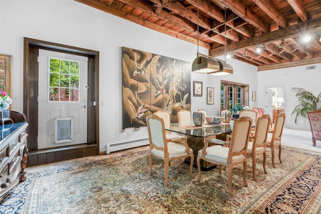 66 Susan Dr, Newburgh, NY 12550 - dining area with beam ceiling, baseboard heating, and wooden ceiling