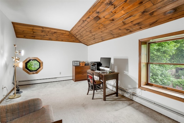 66 Susan Dr, Newburgh, NY 12550 - office space featuring a baseboard radiator, carpet, lofted ceiling, and wooden ceiling