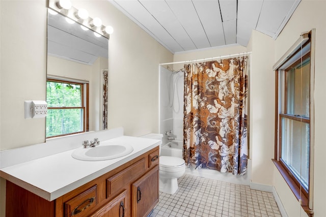 66 Susan Dr, Newburgh, NY 12550 - full bath with shower / bath combination with curtain, toilet, vanity, ornamental molding, and tile patterned floors
