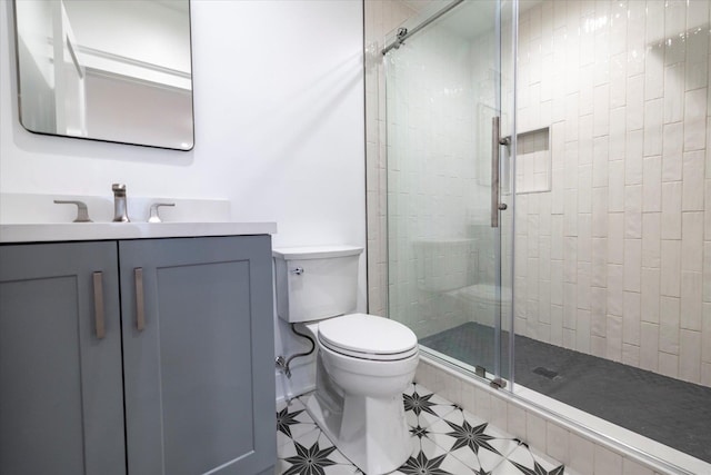 480 Ackerly Pond Ln, Southold, NY 11971 - bathroom with toilet, a stall shower, vanity, and tile patterned floors