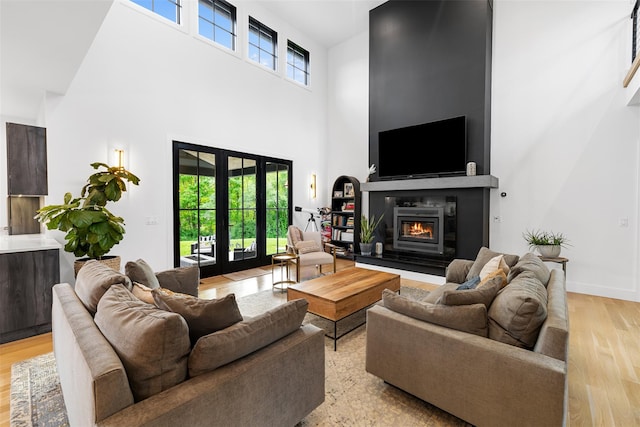 36 Spruce Ln, Poughkeepsie, NY 12603 - living room featuring a high ceiling, light wood finished floors, a glass covered fireplace, and baseboards