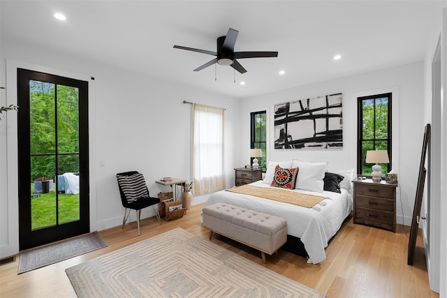 36 Spruce Ln, Poughkeepsie, NY 12603 - bedroom with access to exterior, recessed lighting, light wood-type flooring, and a ceiling fan