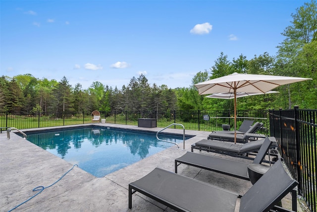 36 Spruce Ln, Poughkeepsie, NY 12603 - view of pool featuring fence, a patio area, and a forest view