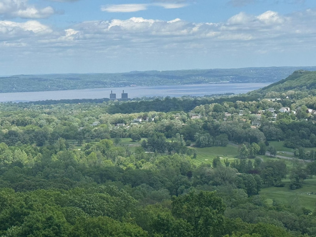 bird's eye view of a nearby body of water and a heavily wooded area