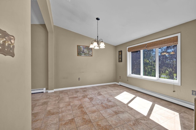 232 County Route 49, Slate Hill, NY 10973 - unfurnished room with a baseboard radiator, lofted ceiling, and a chandelier