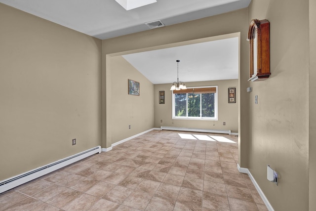 232 County Route 49, Slate Hill, NY 10973 - unfurnished room with baseboard heating, baseboards, vaulted ceiling, a chandelier, and stone finish floors