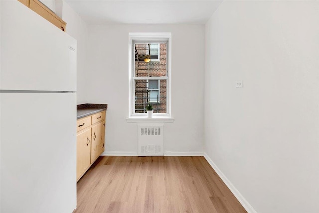 4320 E Van Cortlandt Park E Unit 5E, Bronx, NY 10470 - kitchen with freestanding refrigerator, radiator, light wood-style floors, and dark countertops