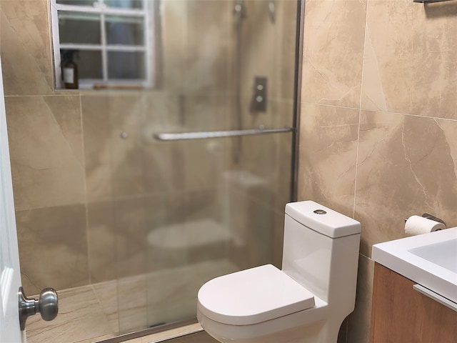 7 Fayer Ct, Phillipsport, NY 12769 - full bathroom featuring tile walls, a stall shower, toilet, and vanity