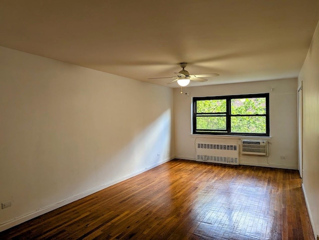94-31 59th Ave Unit 4B, Elmhurst, NY 11373 - empty room with radiator heating unit, ceiling fan, a wall mounted AC, and wood-type flooring