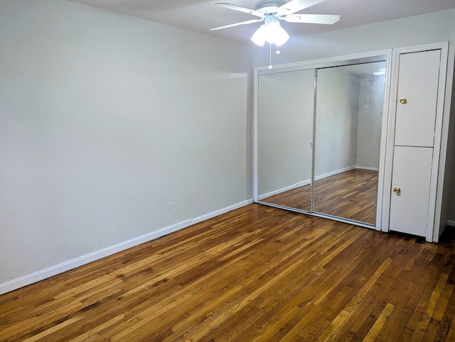 94-31 59th Ave Unit 4B, Elmhurst, NY 11373 - unfurnished bedroom featuring wood-type flooring, a closet, baseboards, and ceiling fan