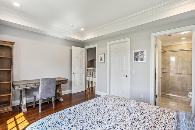 55 Westgate Rd, Muttontown, NY 11791 - bedroom featuring crown molding, recessed lighting, baseboards, wood finished floors, and an office area