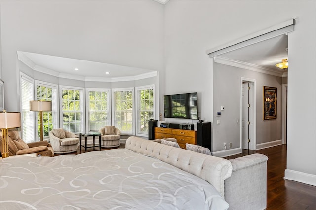 55 Westgate Rd, Muttontown, NY 11791 - bedroom featuring ornamental molding, dark wood-type flooring, baseboards, and recessed lighting