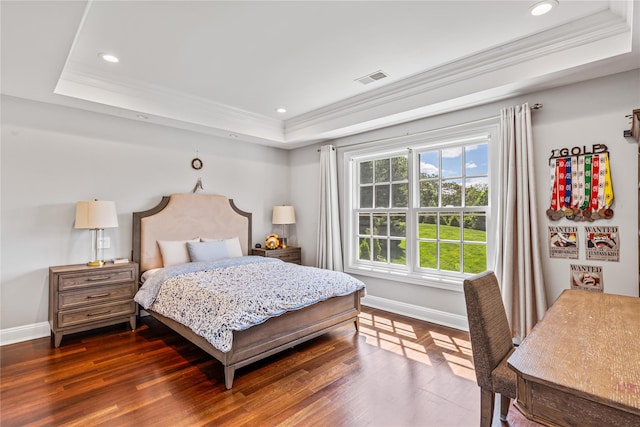 55 Westgate Rd, Muttontown, NY 11791 - bedroom with a raised ceiling, ornamental molding, baseboards, wood finished floors, and recessed lighting