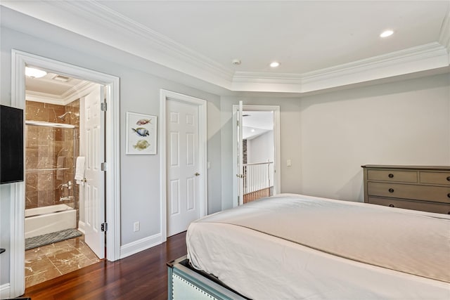 55 Westgate Rd, Muttontown, NY 11791 - bedroom with ornamental molding, dark wood-style floors, recessed lighting, baseboards, and connected bathroom